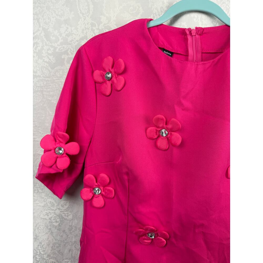Aveloria XL Hot Pink Floral Applique Shift Dress Jeweled Flowers - Picture 3 of 6